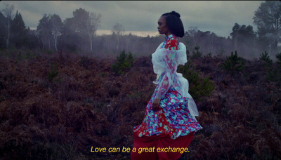 a woman in a dress walking through a field