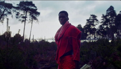 a man in a red suit standing in a forest