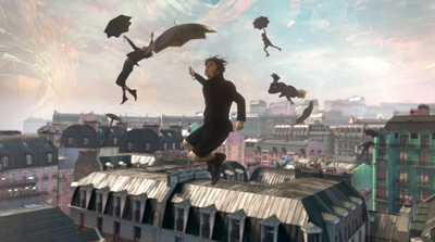 a man standing on top of a roof while flying through the air