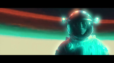 a man in a space suit standing in front of a red and green background