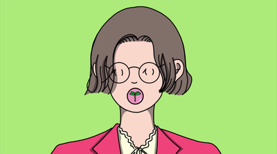 a drawing of a woman with glasses making a funny face