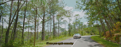 a car driving down a road in the woods