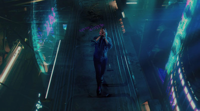 a man standing on a platform in a futuristic city