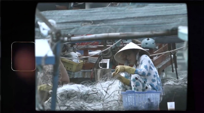 a woman in a white hat and a blue basket