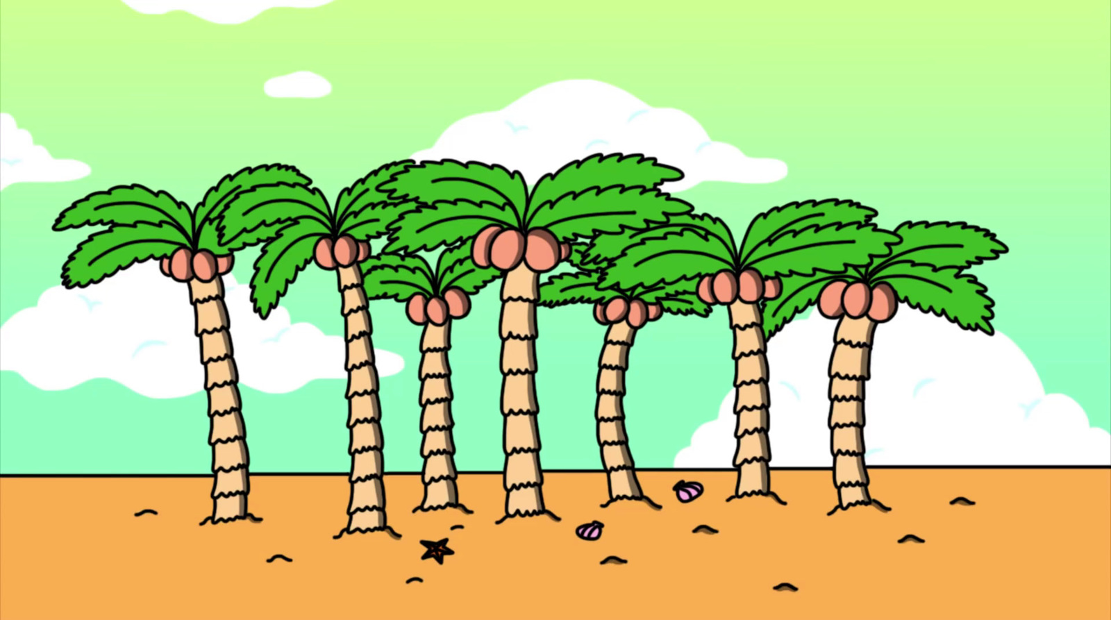 a drawing of a beach with palm trees