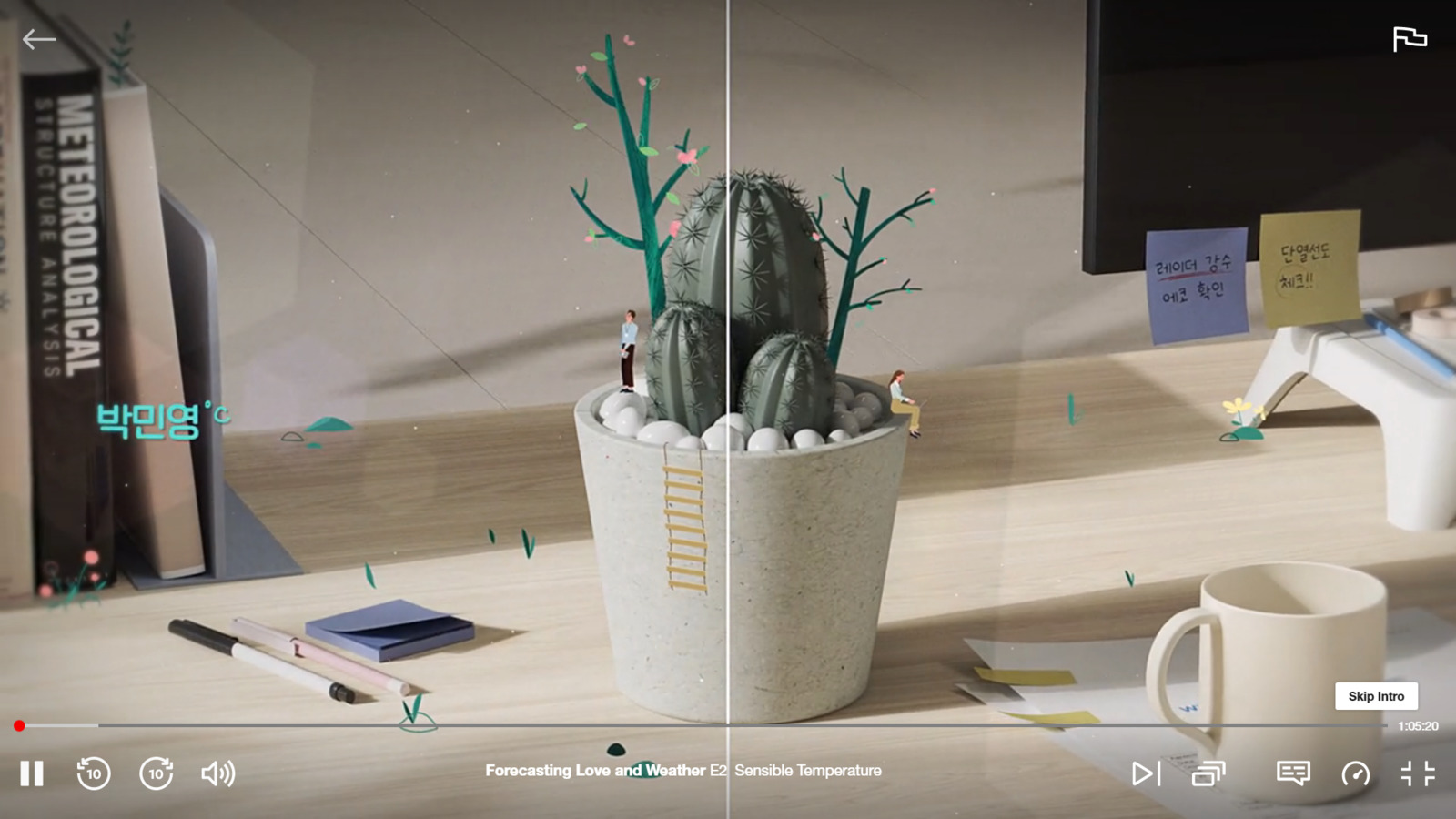 a computer desk with a cactus in a pot