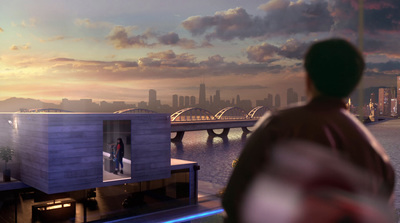 a man looks out over a city at sunset