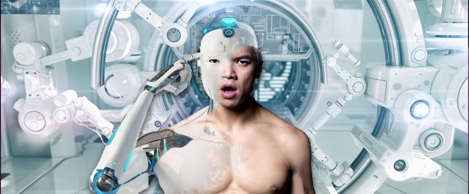 a shirtless man holding a robot in front of a futuristic background