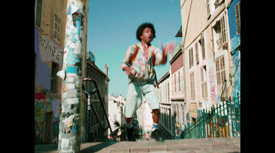 a man walking up a flight of stairs