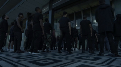 a group of people standing in a room