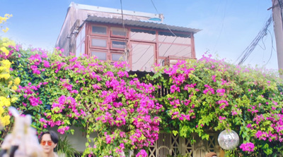 a house with flowers growing on the side of it