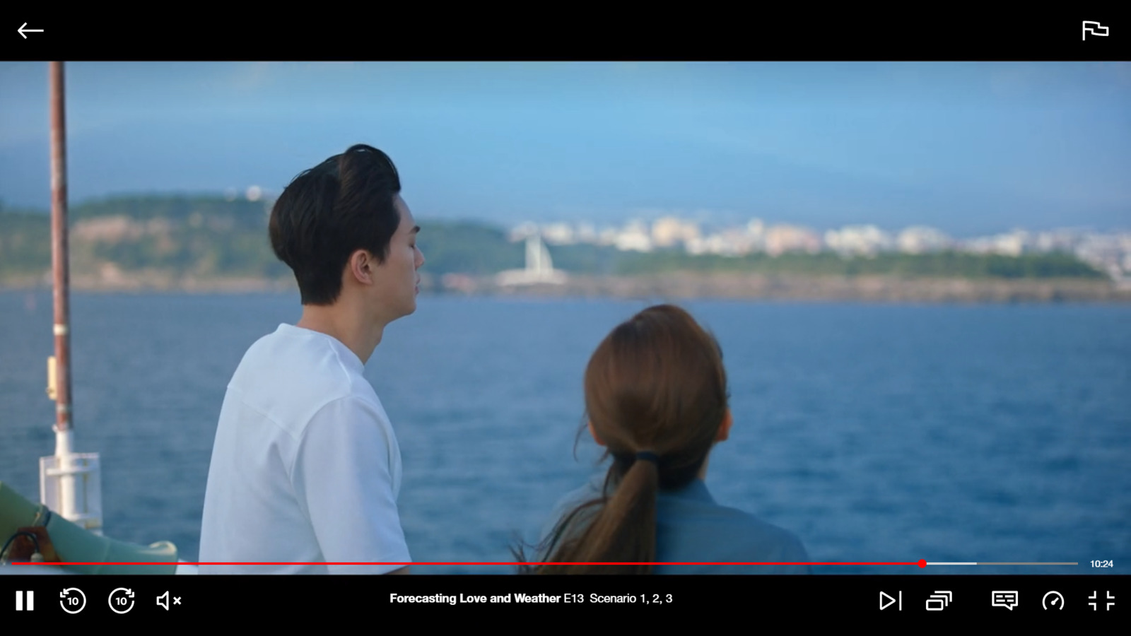 a man and a woman sitting on a boat looking out at the water