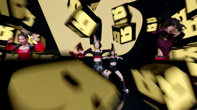 a group of women dancing in front of a black and yellow background