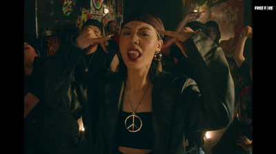 a woman with a peace sign necklace on