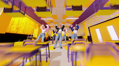 a group of people are dancing in a room