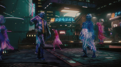 a group of people standing in a futuristic city