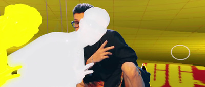 a man in a white mask is hugging a woman