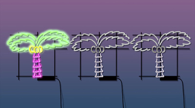 a drawing of a neon palm tree on a purple background