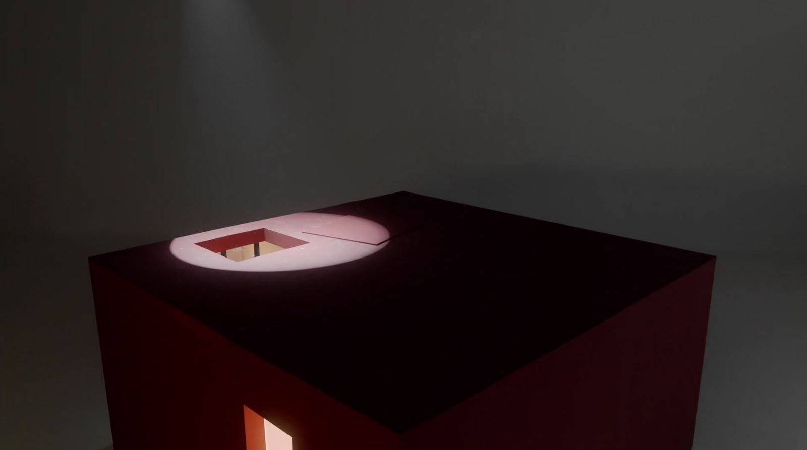 a red table with a light on top of it