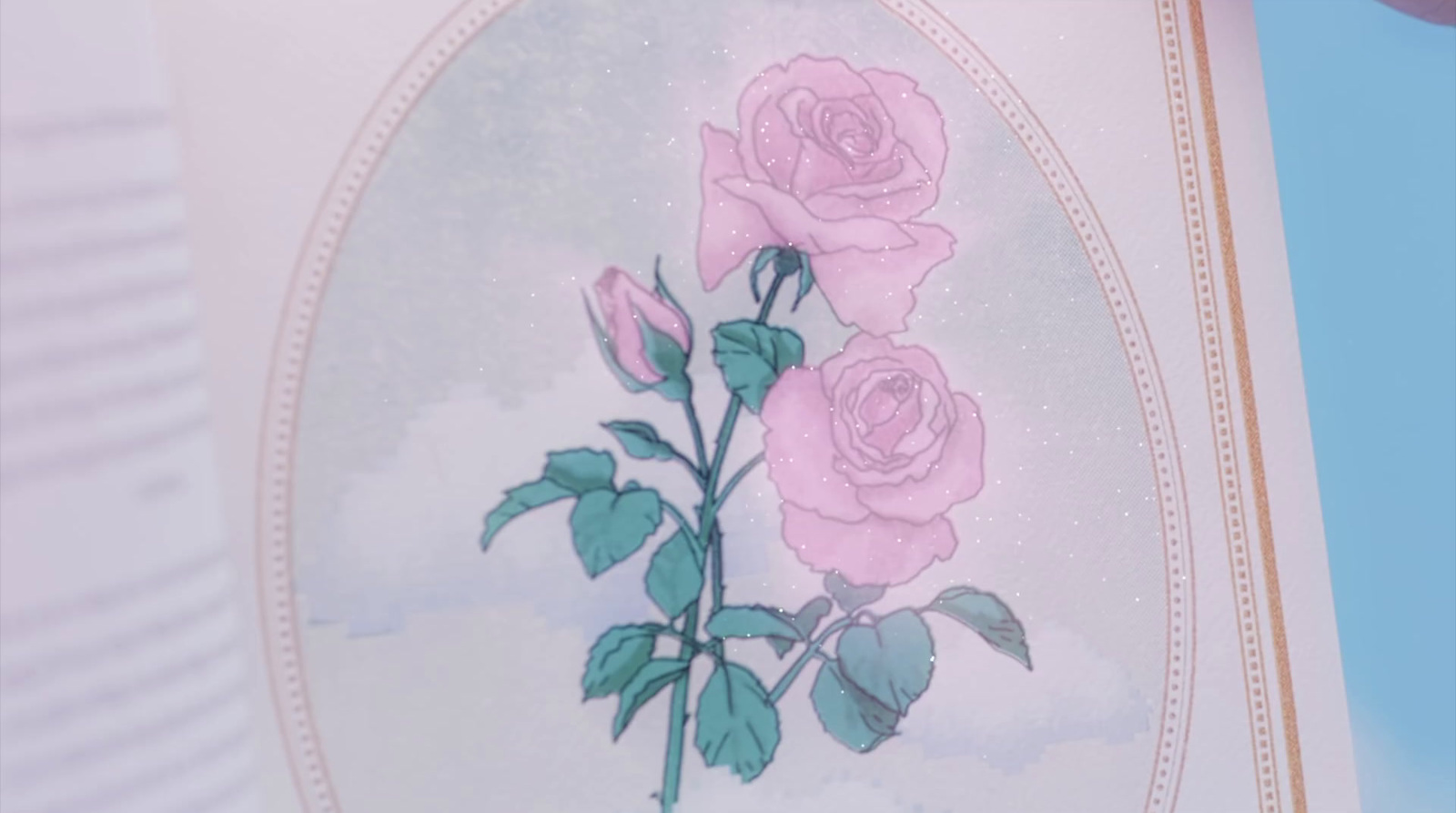 a card with a picture of two pink roses