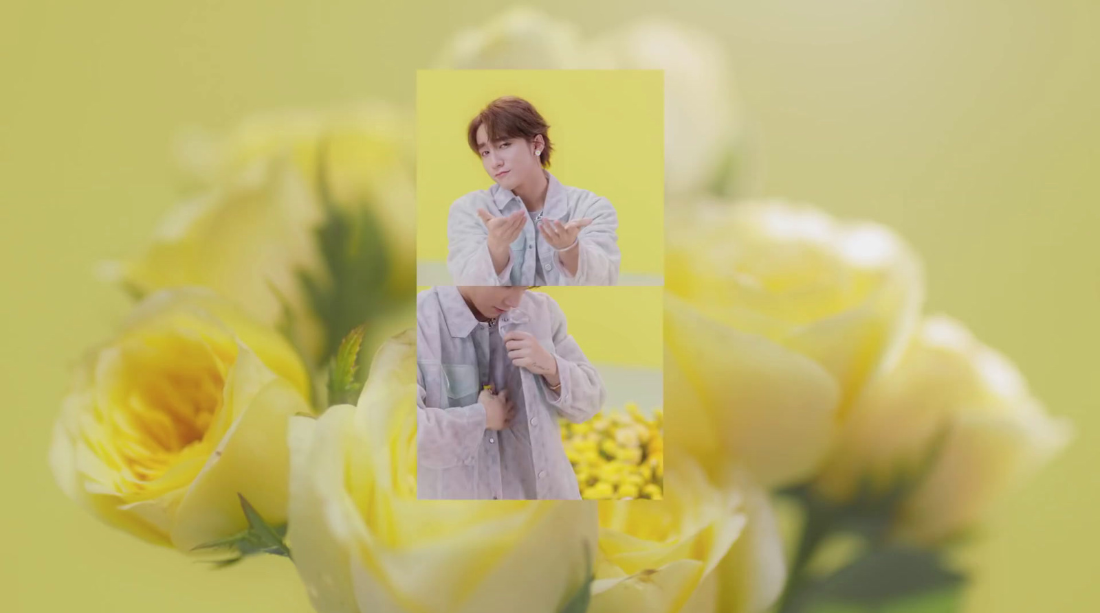 a woman standing next to a bunch of yellow roses