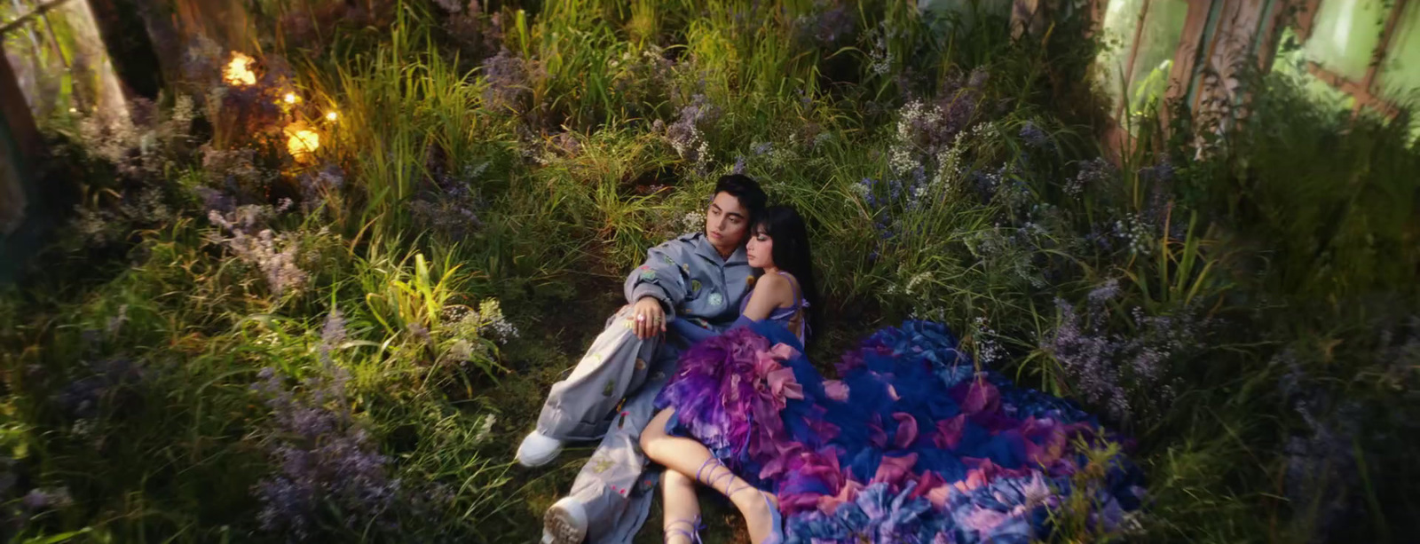 a man and a woman laying in a field of flowers