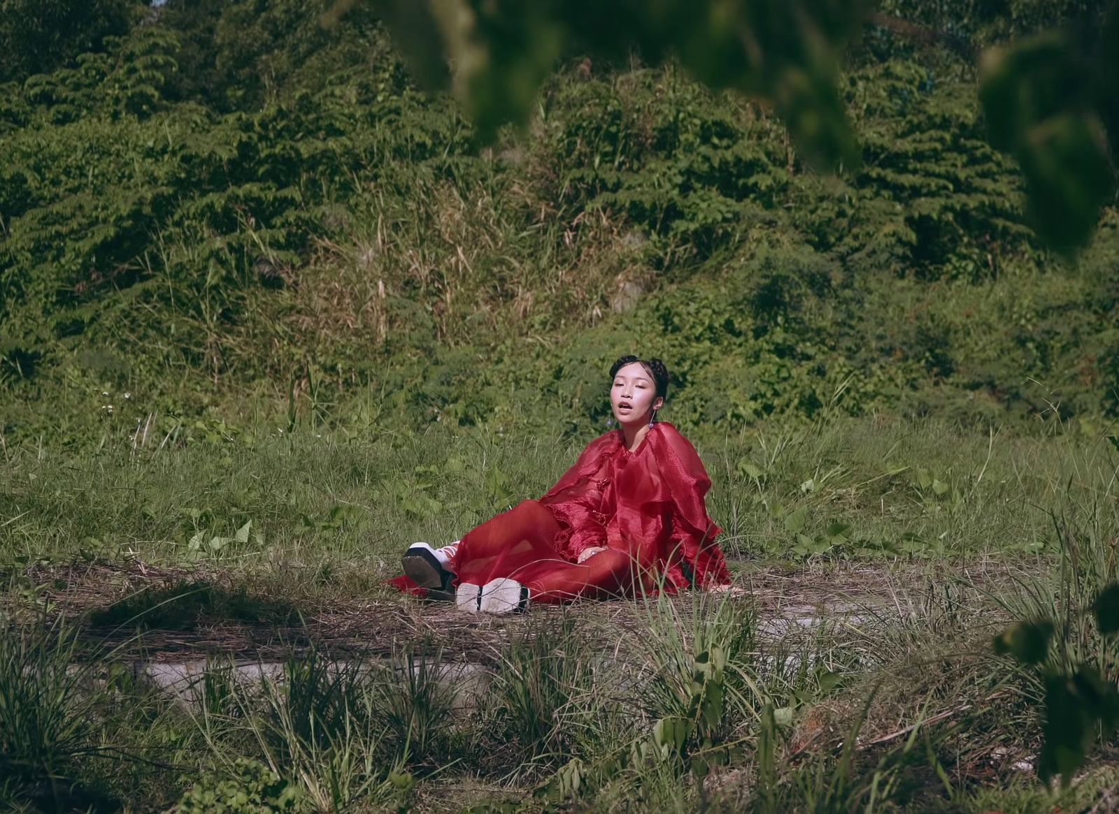 a woman in a red dress sitting in a field