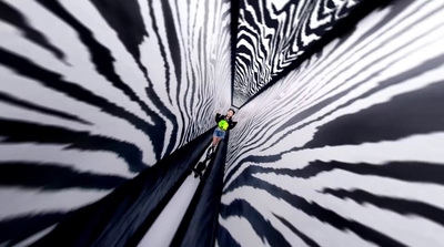 a man is climbing up the side of a zebra print wall