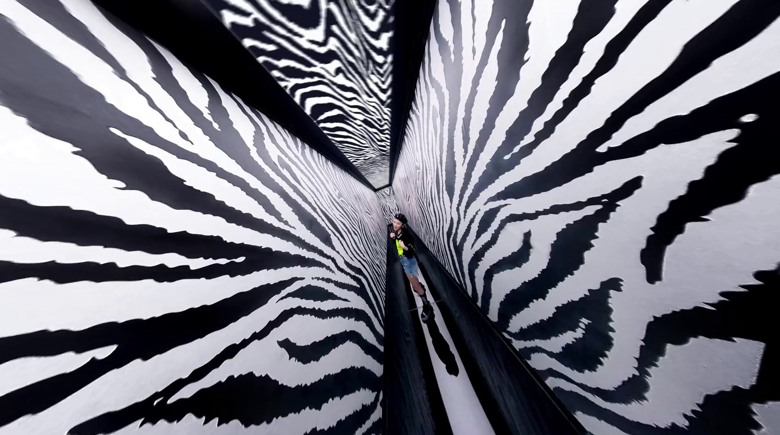 a man is standing in the middle of a zebra print tunnel