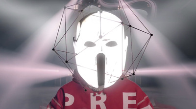 a person wearing a mask with a microphone in front of them