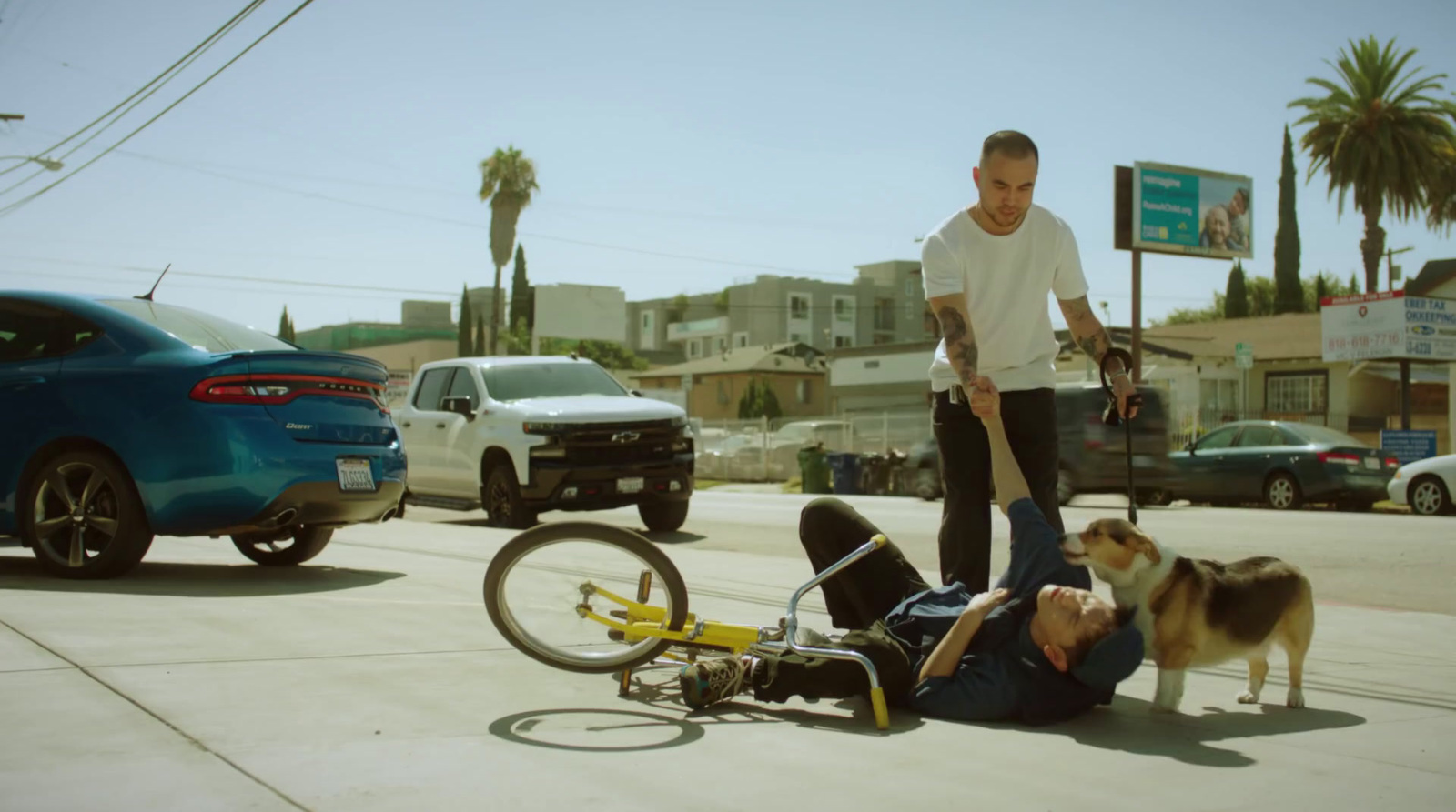 a man on the ground with a bike and a dog