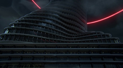 a very tall building with a red light on it's side