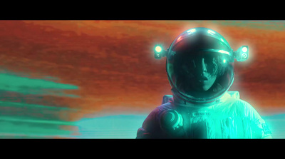 a man in a space suit standing in front of an orange sky