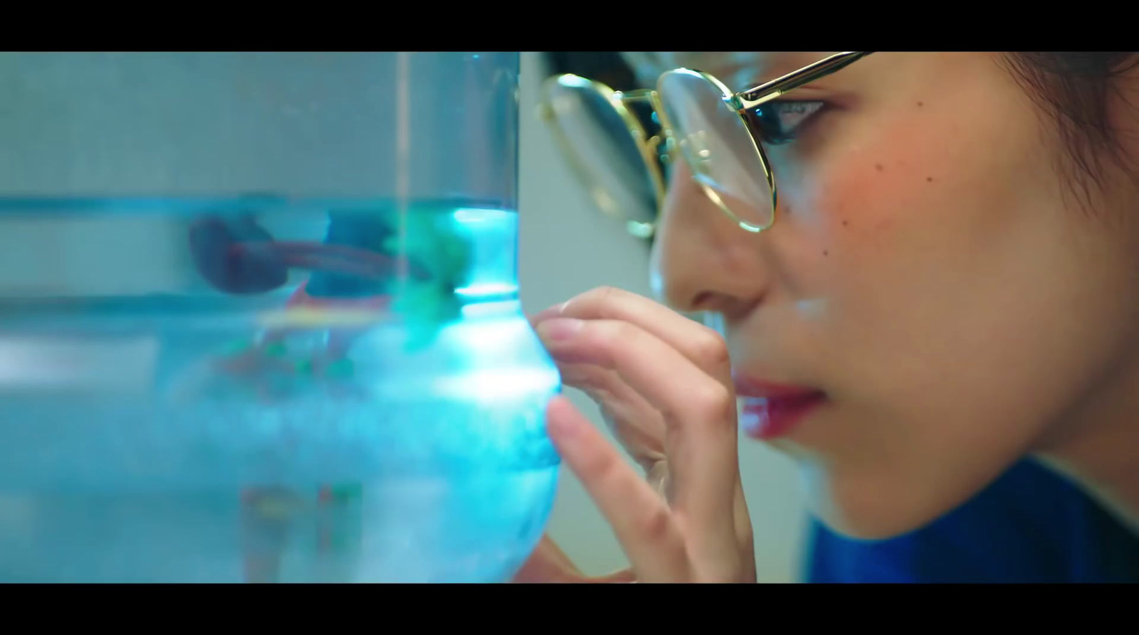 a woman wearing glasses looking at a fish in a bowl