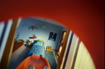 a child's bedroom with a slide in the foreground