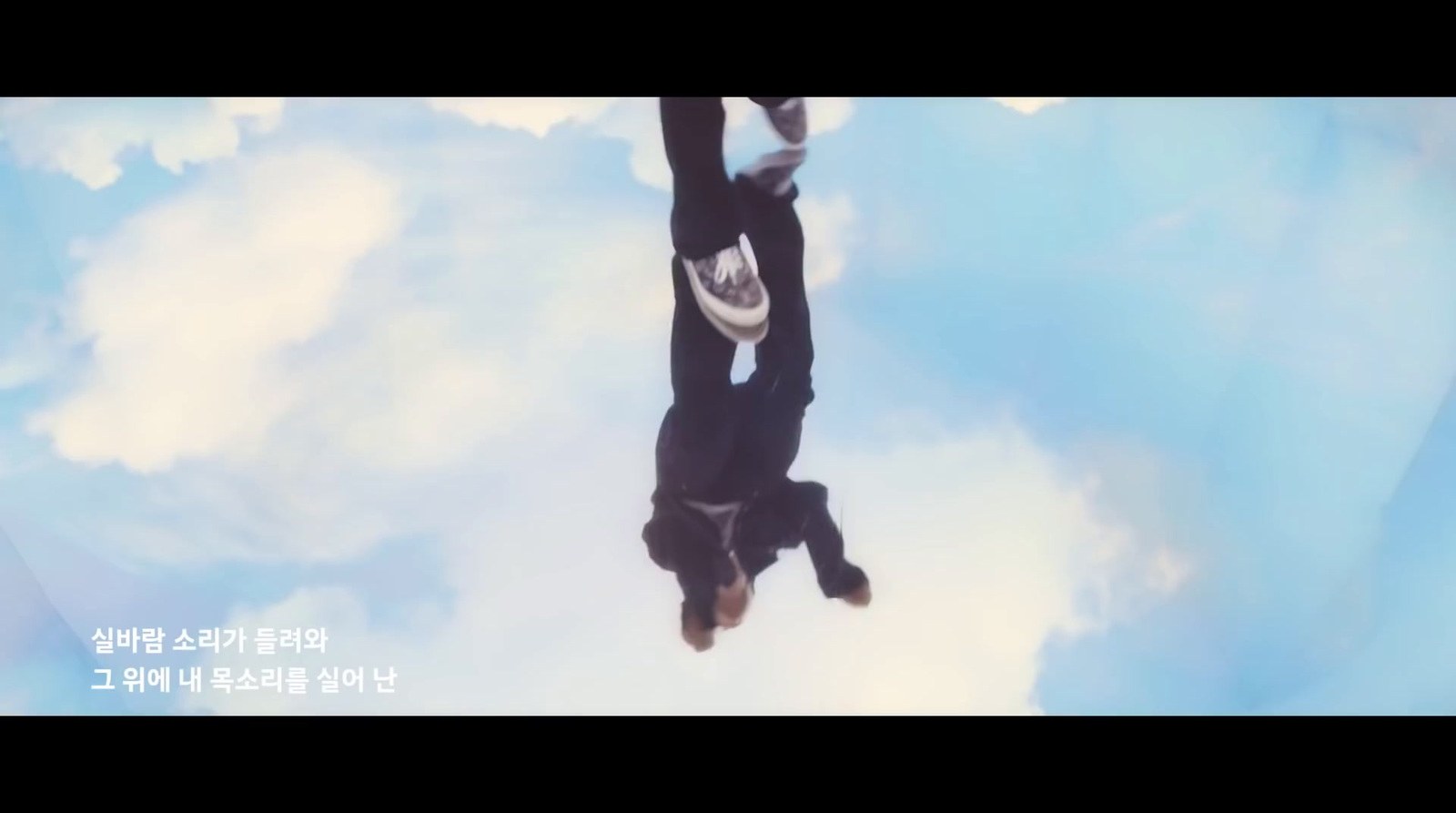 a man is upside down in the sky