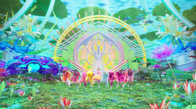 a digital painting of a flower garden with a ferris wheel in the background