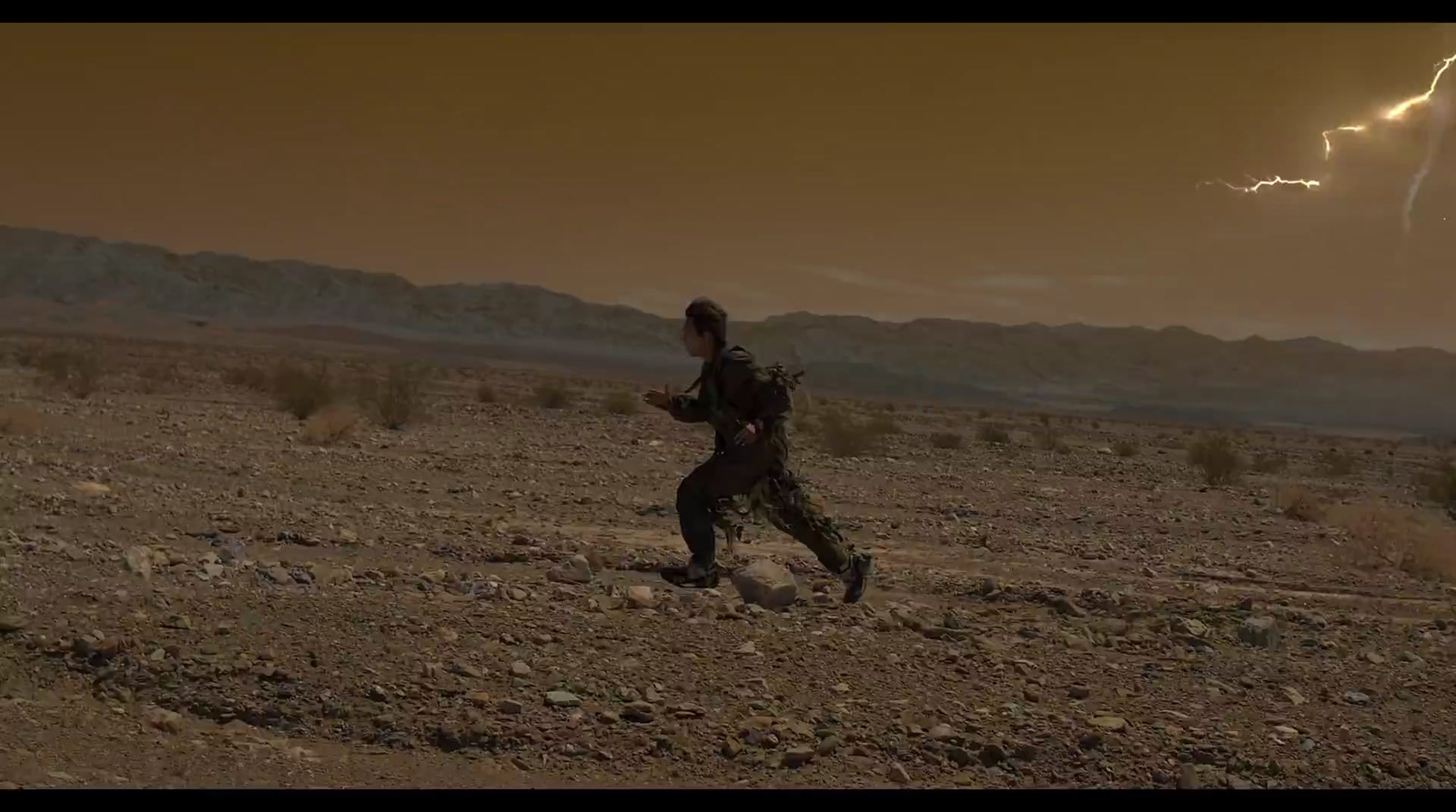 a man running in the desert with a lightning in the background