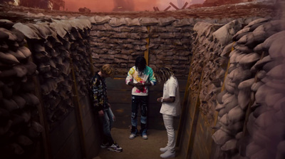 a group of people standing inside of a tunnel