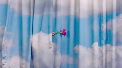 a pink flower sticking out of a curtain