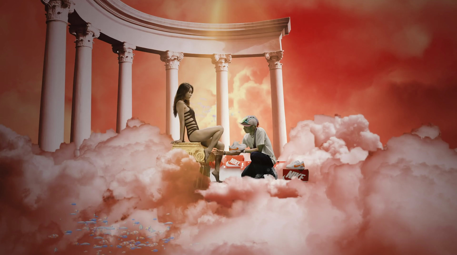 a man and woman sitting on a chair in the clouds