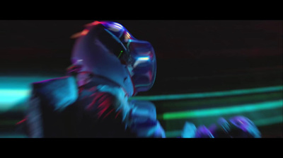 a man in a futuristic suit is dancing in the dark