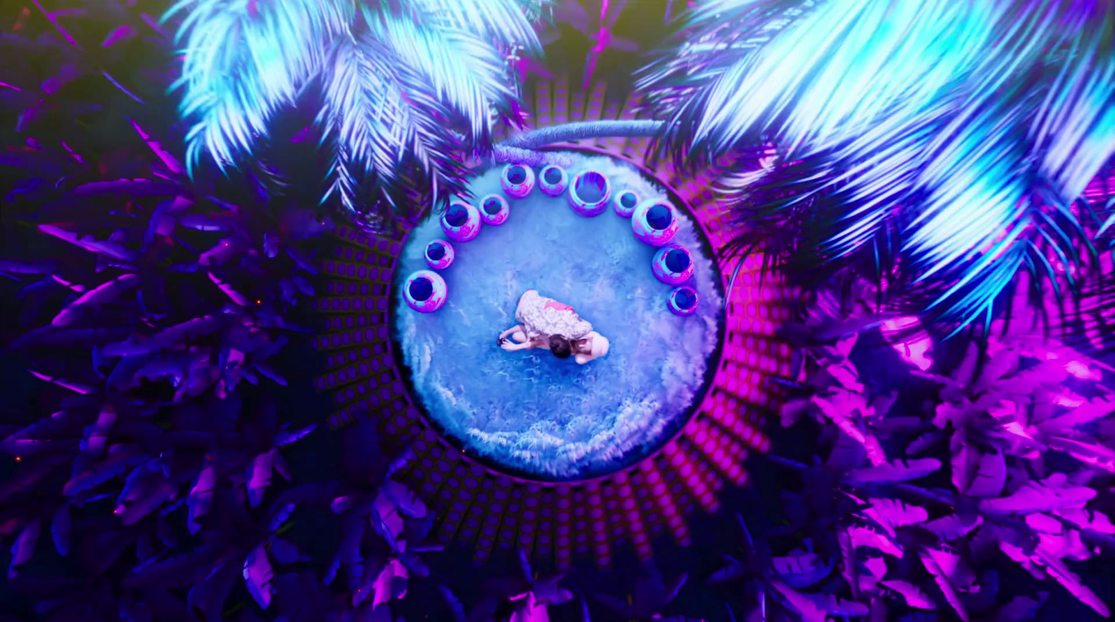 a blue and purple object surrounded by purple and blue feathers