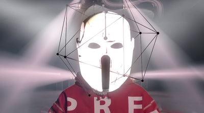 a person wearing a mask with a microphone in front of them