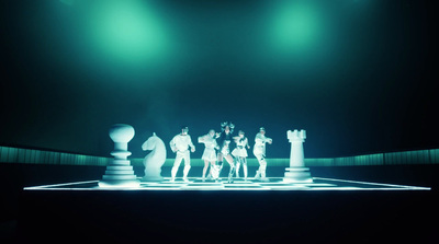 a group of people standing on top of a chess board