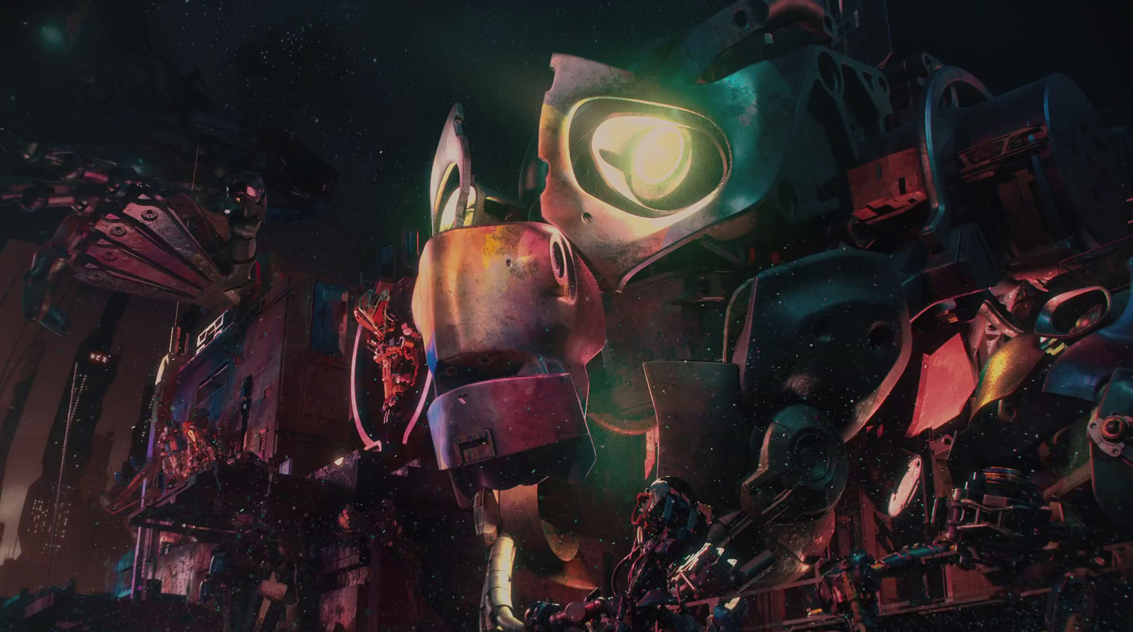 a large robot standing next to a pile of junk