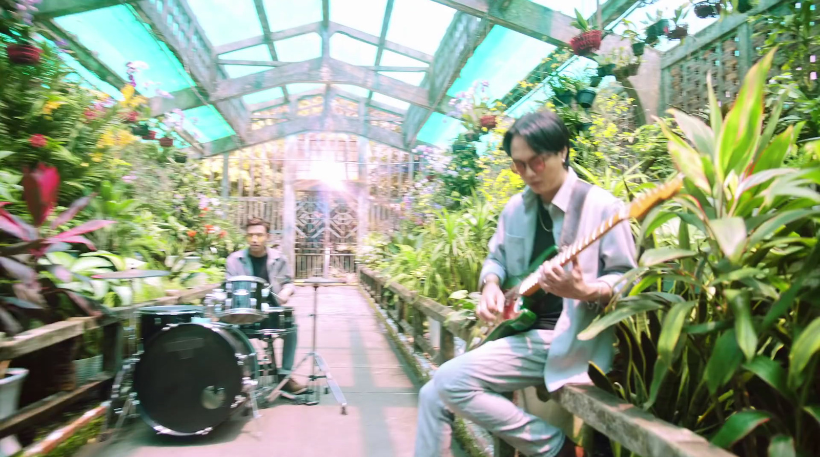 a man playing a guitar in a greenhouse