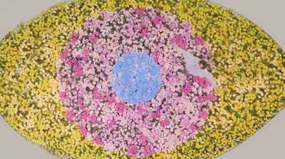 a painting of a circle of flowers with a blue center