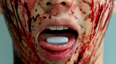 a man with blood on his face and a pill in his mouth