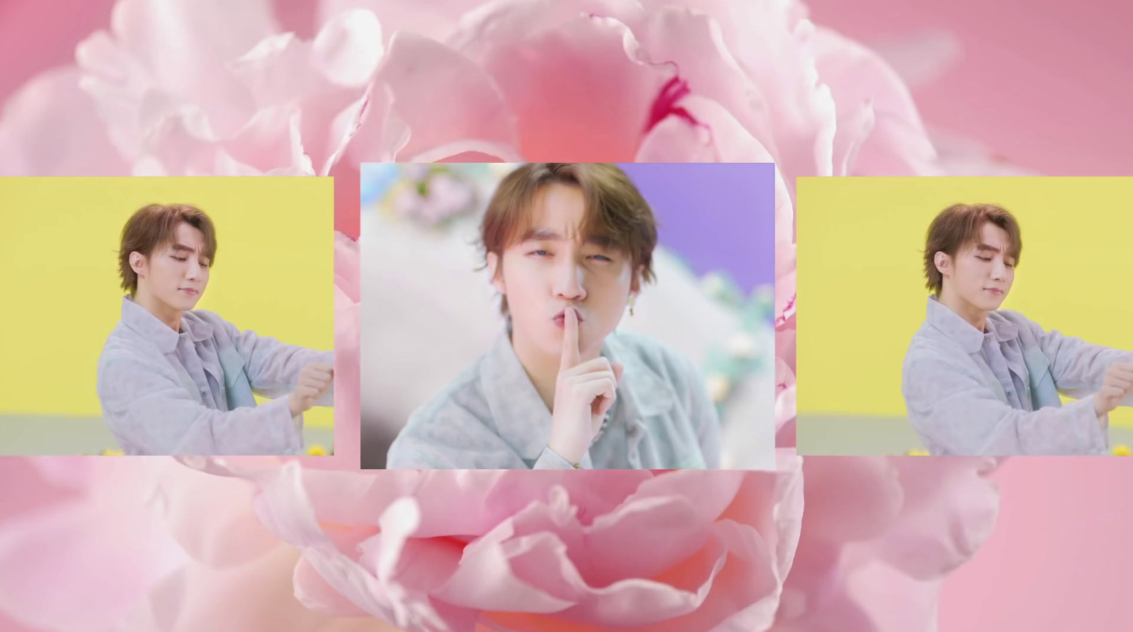 a collage of a man with a flower in front of him